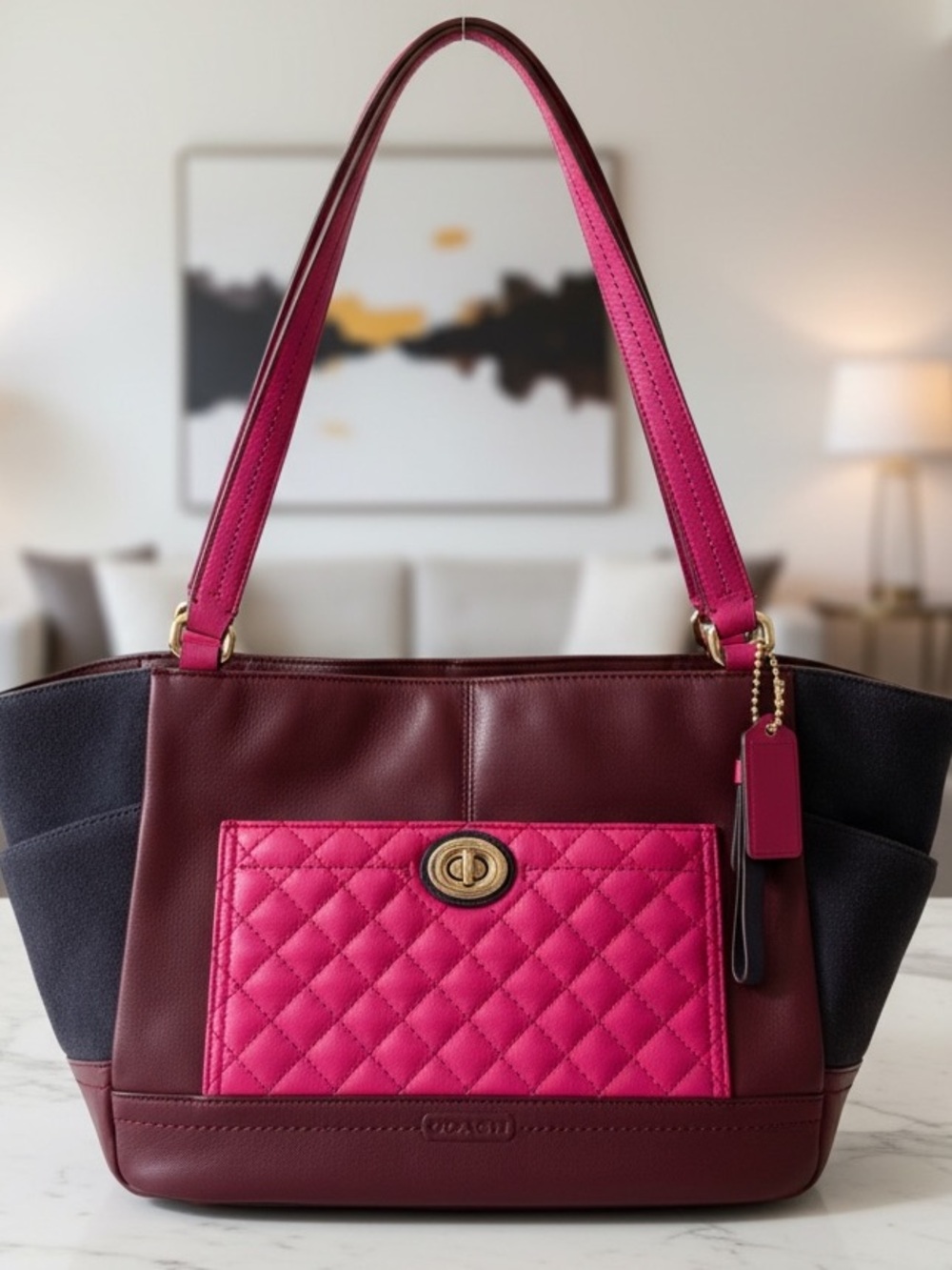 Coach F24893 Quilted Turnlock Pocket Tote Colorblock Leather suede Shoulder Bag
